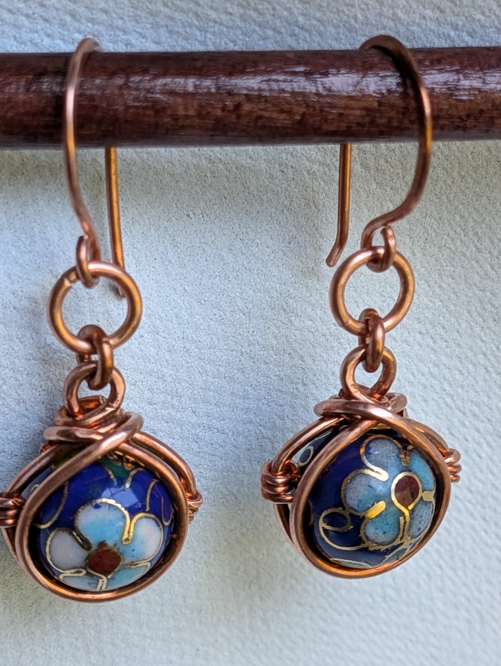 Copper Wrapped Cloisonne Earrings- Colorful Flower Blossom Details - Picture 8 of 12